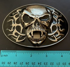 Skull w/ Fangs Belt Buckle Silver Toned with Black Enamel Vampire 🧛