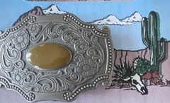 Western Floral Silver Tone Belt Buckle w/ Yellow Oval Stone Fits 1.5in