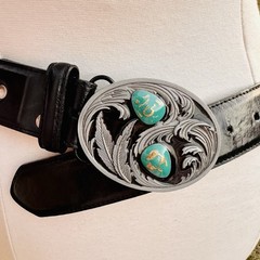 90&rsquo;s Western Vintage Siskiyou Silver Pewter Belt Buckle Turquoise & Gold Stones