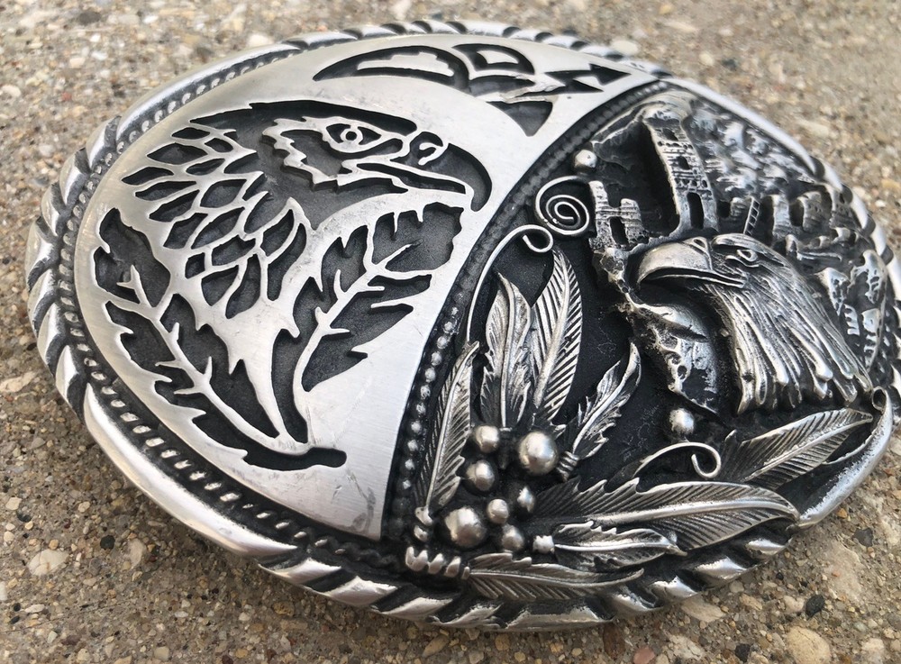 VTG SSI Handcrafted Metal Belt Buckle Southwest Eagle Rain Cloud Fathers 4&Prime; USA