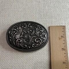 VTG Ornate Silver Pewter-toned Belt Buckle Raised Flower Filigree Scrollwork EUC
