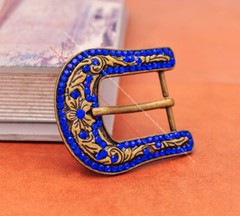 Brass Blue Crystal Rhinestone Western Floral Belt Buckle Set Fit 30MM Strap