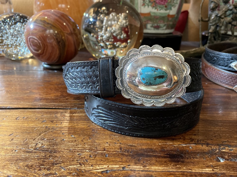 Navajo James Reid style Sterling Silver Turquoise Belt Buckle 37-39-1.5”🐂✅