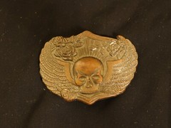 Winged Head Skull Pewter Belt Buckle Vintage Brass Flying Skull With Roses, USA