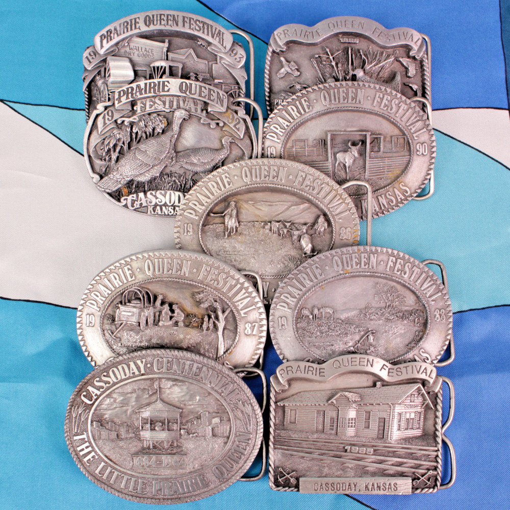 Vtg 80s/ 90s Cassoday Kansas Belt Buckle Lot of 9 Prairie Queen Festival