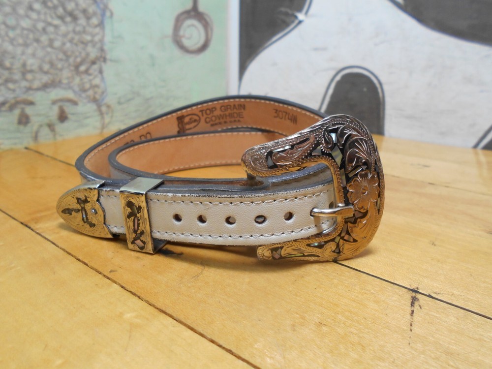 Alpaca Mexico 3-Piece Buckle Set w/ Justin Ivory Leather Belt Size 30