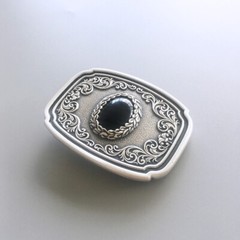 Vintage Silver Plated Nature Black Obsidian Stone Belt Buckle Boucle de Ceinture