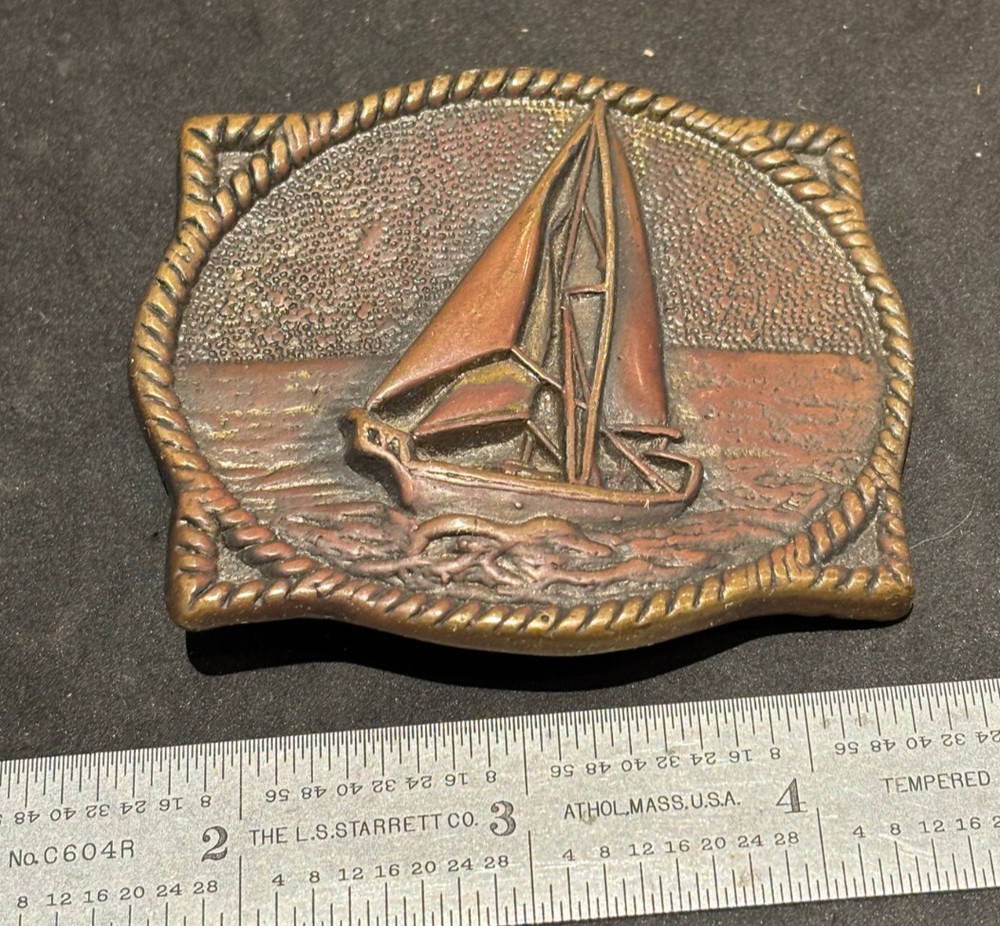 Cool Solid Brass Buckle of Sailboat or Yacht by BTS With Great Patina 3&Prime; x 2.5&Prime;