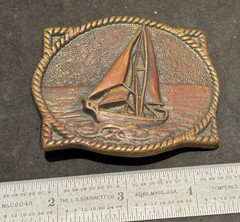 Cool Solid Brass Buckle of Sailboat or Yacht by BTS With Great Patina 3&Prime; x 2.5&Prime;