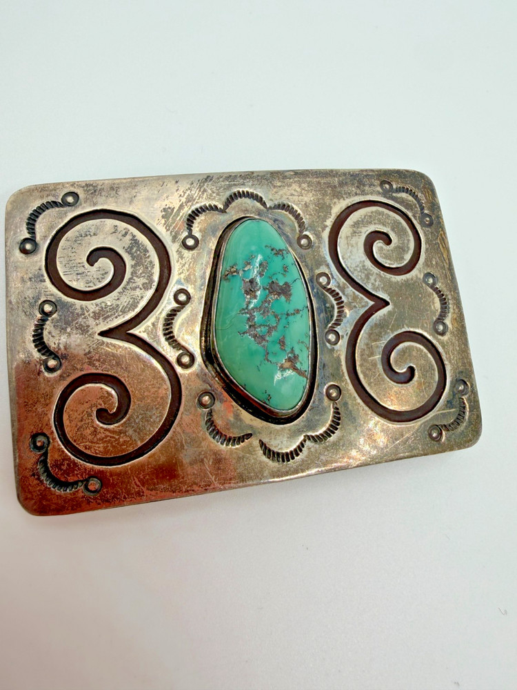 George Kee Silver Turquoise Belt Buckle Rectangle GK Native American 56 gr PQ