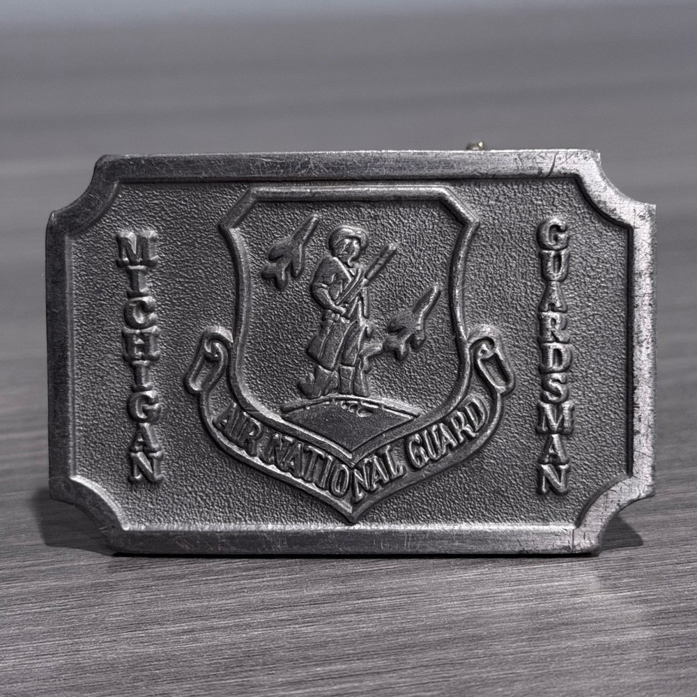 Vtg Michigan Air National Guard Belt Buckle Hit Line USA Military Silver Tone