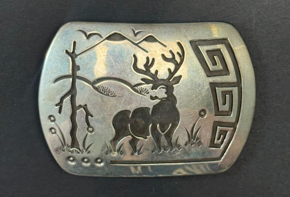 ROSCO SCOTT VINTAGE STERLING SILVER OVERLAY DEER BELT BUCKLE