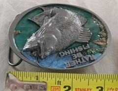RATHER BE FISHING JUMPING FISH BASS TROUT FISHERMAN BELT BUCKLE MADE IN USA 1988