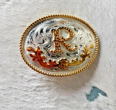 Western Initial Belt Buckle 3.5 x 2 5/8 in Oval R Silver Engraved Gold 1.75