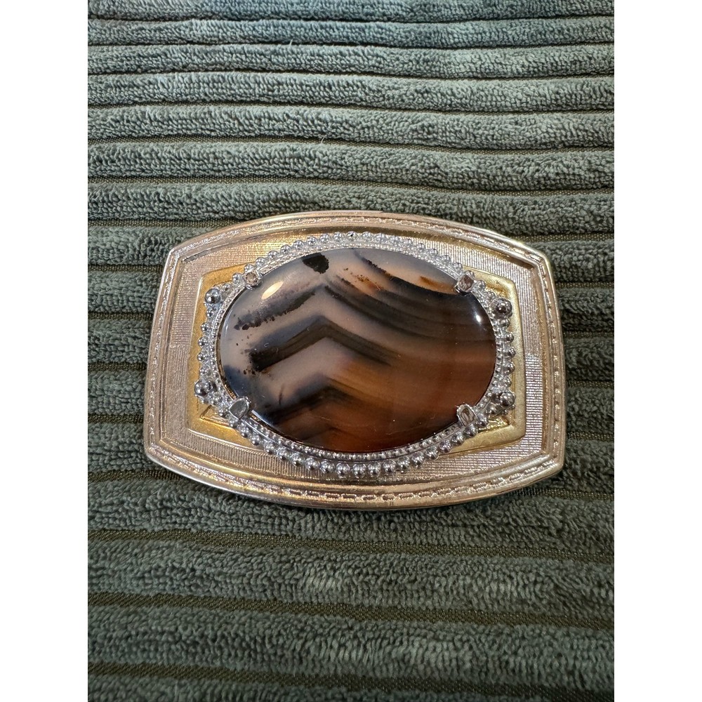 Vintage Agate Stone Belt Buckle Silver Gold Tone Mens Western Accessory