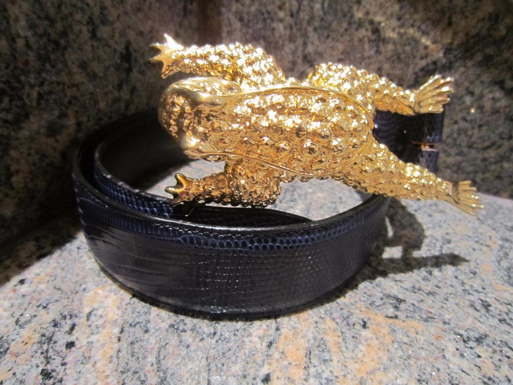 HUGE!!! Kieselstein-Cord Art Bronze Toad Buckle with Navy Lizard Belt Size 1