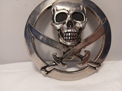 Vintage Silver Star Skull and Swords Belt Buckle Made in USA Jolly Roger Metal