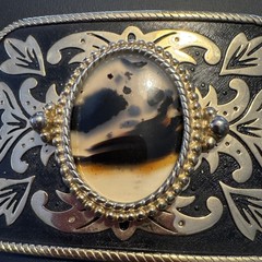 Vintage Belt Buckle Western Style Gold Ornate with Large Brown Oval Stone