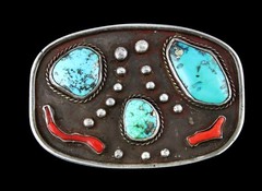 Zuni Navajo Native American Morenci Sterling Silver Turquoise Coral Belt Buckle