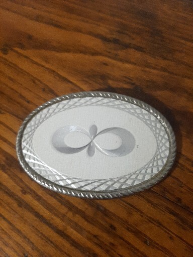Belt Buckle Silver Metal with White Design Good Condition