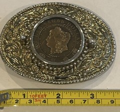 VINTAGE LAS VEGAS COIN BELT BUCKLE FAUX 1878 COIN OVAL SILVER/GOLD