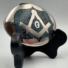 Vintage Masonic Belt Buckle Turquoise Chip Inlay Compass Silver Tone