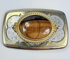 Vintage Western Belt Buckle Gold Silver Tone Tiger&rsquo;s Eye Oval Cowboy Accessory