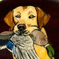 Vintage Hand Painted Wood Belt Buckle Yellow Labrador Retriever Mallard Duck Dog