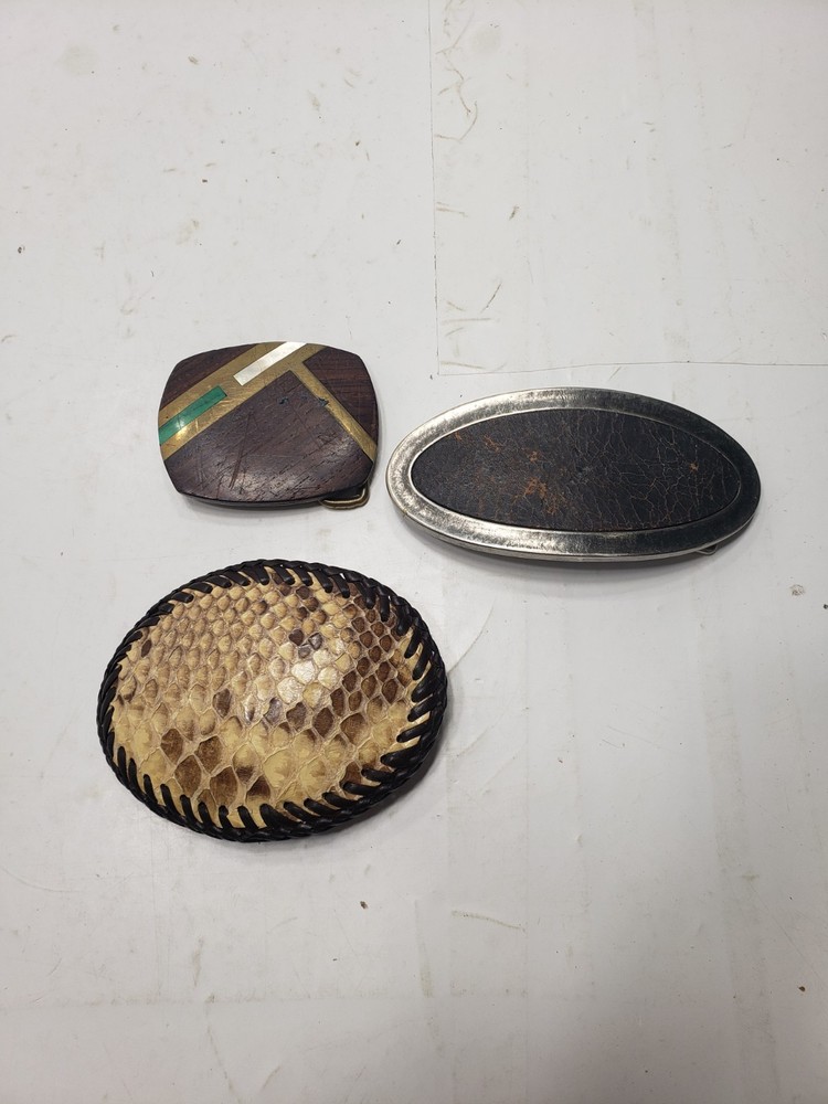 Set Of 3 Vintage Leather Snakeskin Oval Shaped Solid Brass Belt Buckles