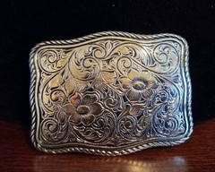 Vintage Western Floral Engraved Silver Tone Belt Buckle Rope Border Rectangle
