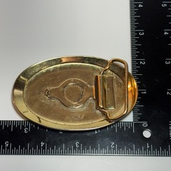 Gold Tone Oval Belt Buckle Die Cast Train Locomotive Yellow Blue