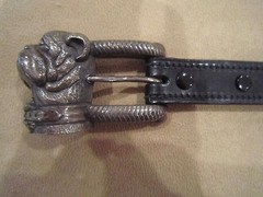 KIESELSTEIN CORD STERLING BULLDOG BUCKLE AND BLACK LEATHER BELT SIZE 2