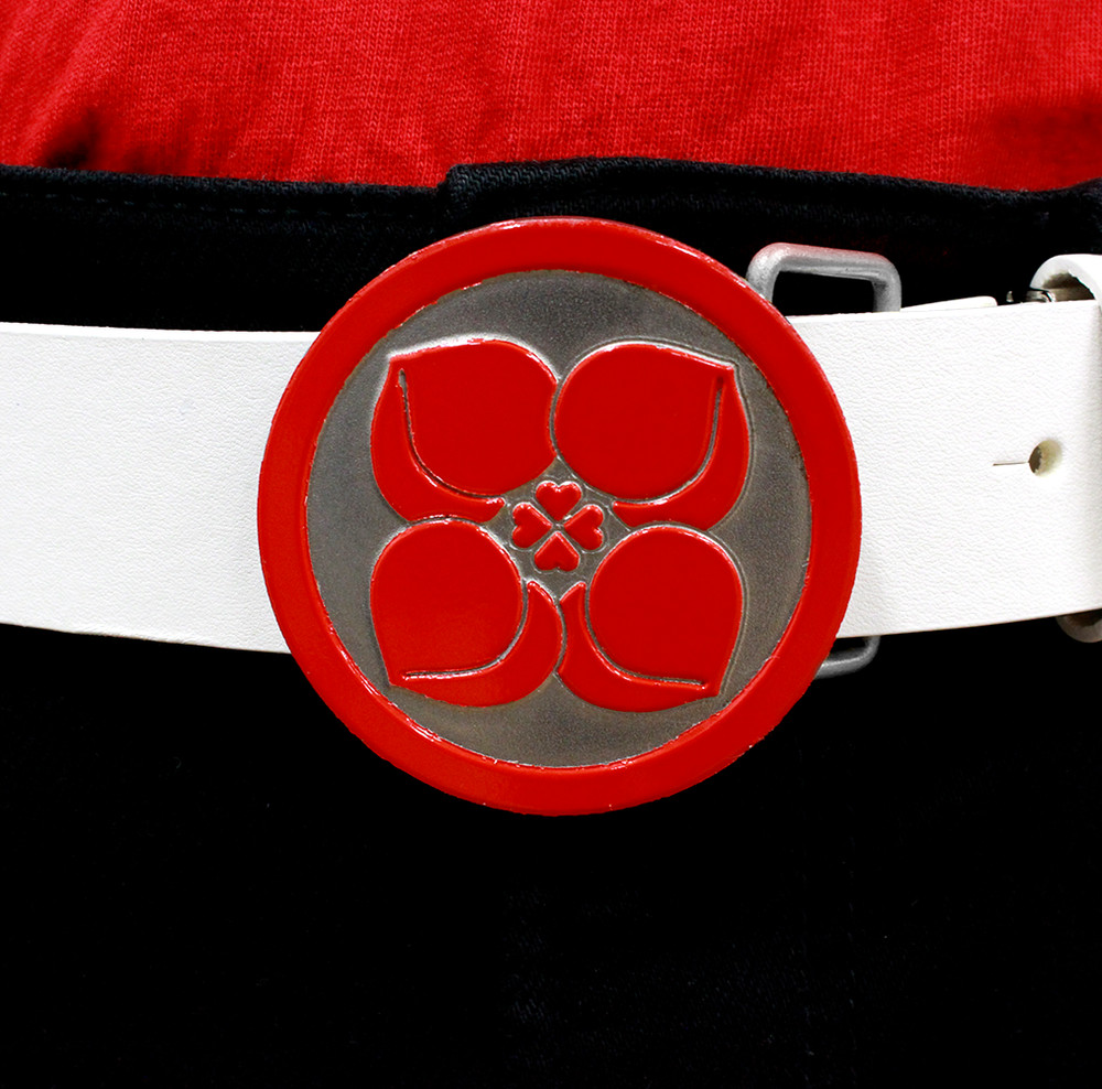Red Silver Pop Buckle Peach Four Leaf Clover White Leather Round Adjustable Belt