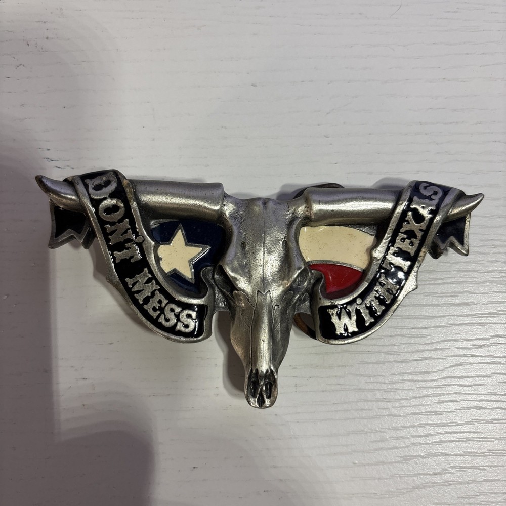 « Don&rsquo;t Mess With Texas » Belt Buckle Bull Horns Flag Skull – Solid Pewter #4498