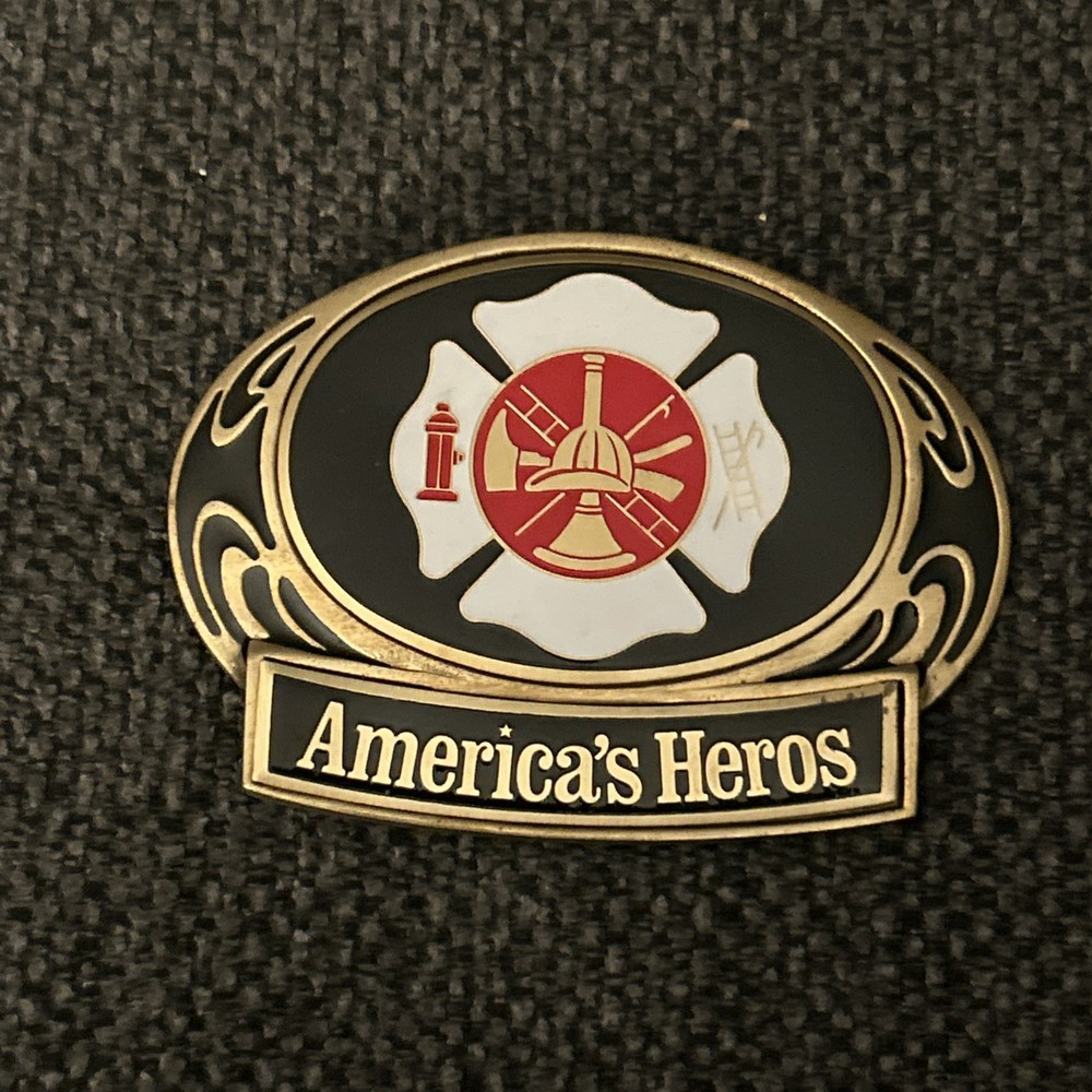 Vintage Fire Fighter America’s Hero’s Enamel Brass Belt Buckle 1986 (B3)