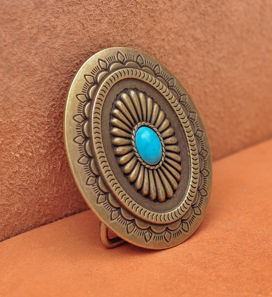 Vintage Brass Southeast Beauty Flower Carved Turquoise Leather Belt Buckle Huge