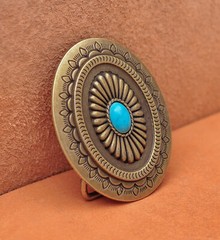 Vintage Brass Southeast Beauty Flower Carved Turquoise Leather Belt Buckle Huge