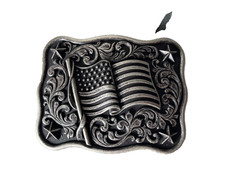 Nocona Mens Belt Buckle 3.75 x 3 in US Flag Star Western Matte Black Silver 1.5