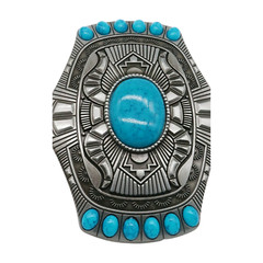 Men Silver Metal Buckle Rodeo Western Decorative Turquoise Blue Beads Jeans Pant