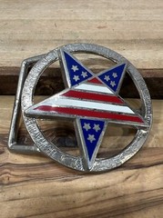 VTG Silver Tone Metal & Enamel Patriotic Flag Star Red White Blue Belt Buckle