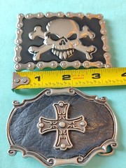 Silver Tone Black Enamel Leather Goth Gothic Belt Buckle Set Cross Skull