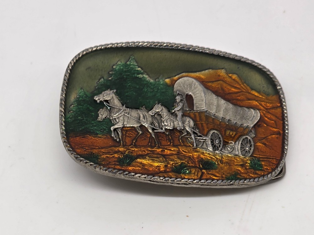 vintage ENAMELED BRASS BELT BUCKLE • COVERED WAGON w/ HORSES • #567