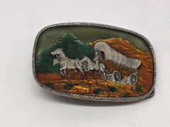 vintage ENAMELED BRASS BELT BUCKLE • COVERED WAGON w/ HORSES • #567