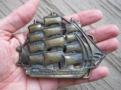 VINTAGE CAST METAL SCHOONER 12 SAILS NAUTICAL SAILING SHIP SAIL BOAT BELT BUCKLE