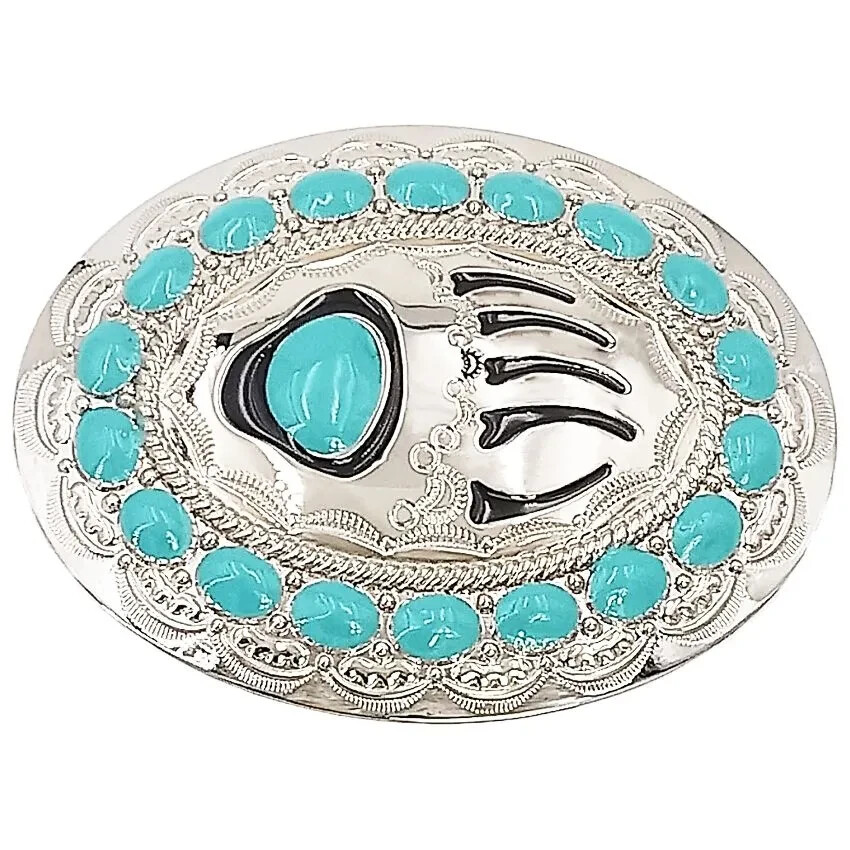 Bear Claw Footprint Metal Belt Buckle Western Native American Design Turquoise