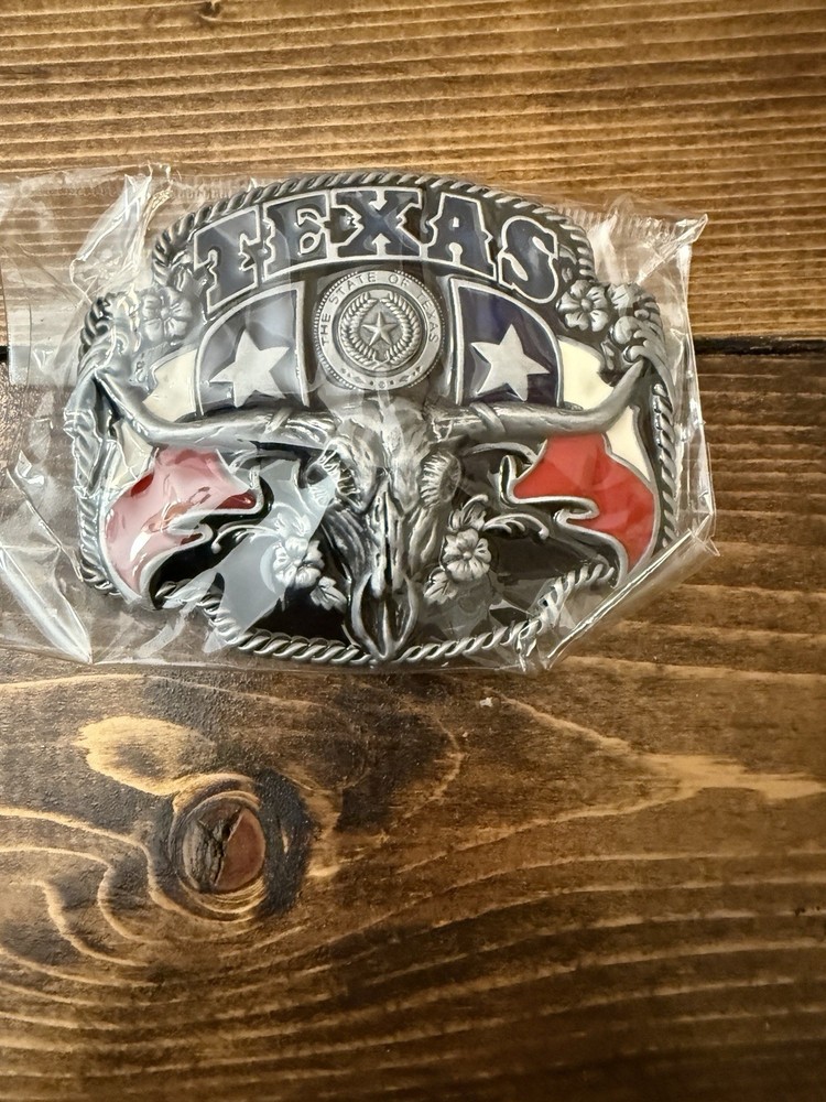 State of Texas Flag Belt Buckle Longhorn Bull Skull-Pewter- Good Quality
