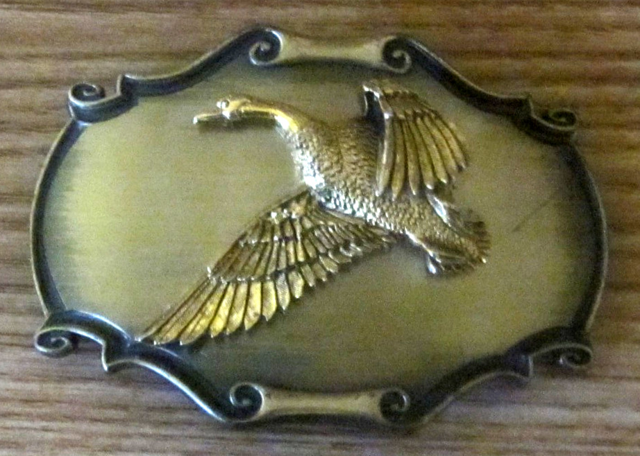 Vintage FLYING GOOSE belt buckle BRASS cowboy HUNTING western RAINTREE, 1980