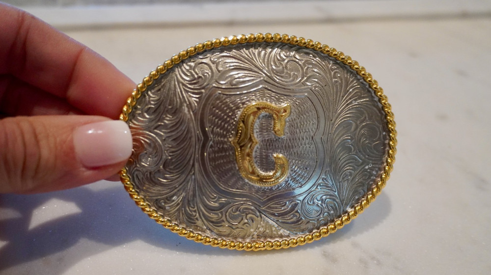 Vintage 1996 M&F Western Heritage Belt Buckle Silver Gold C Initial Monogram