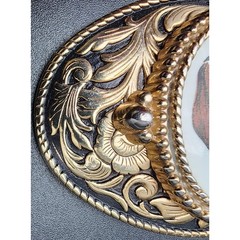 Vintage Brass Horse Head Belt Buckle with Porcelain Cameo 3.25&Prime; Western