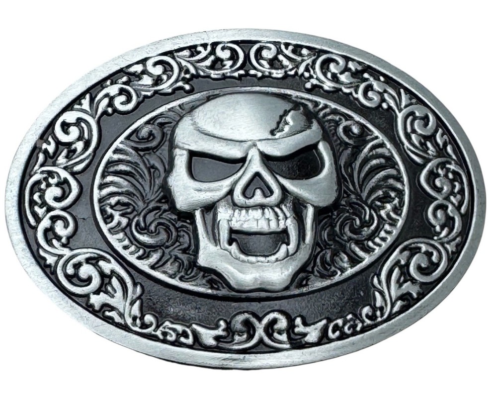 Skull With Fangs Belt Buckle Metal Gothic Ornate Antiqued Silver & Black New